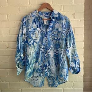 Chico’s Women’s Size 0 Blue and White Pasley Button-Up Shirt with 3/4 Sleeves